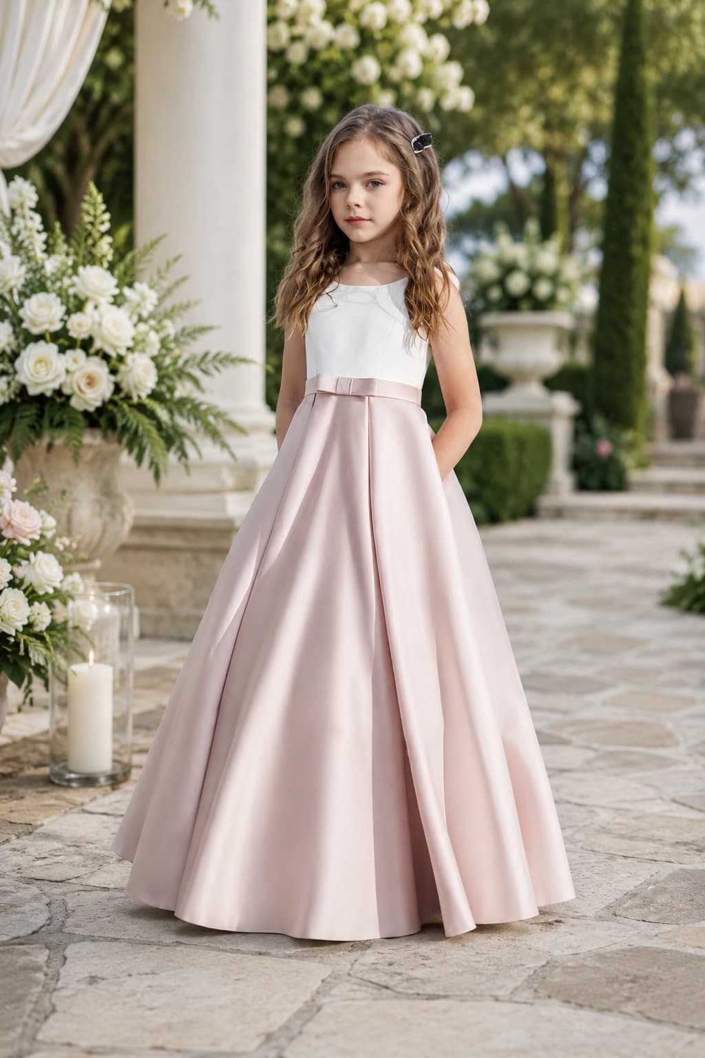Flower Girl Dresses Satin V-Back Bow Straps Floor Length Wedding Gown 1058875849330 - 7 Days / Light Pink / 110cm - COCOMELODY